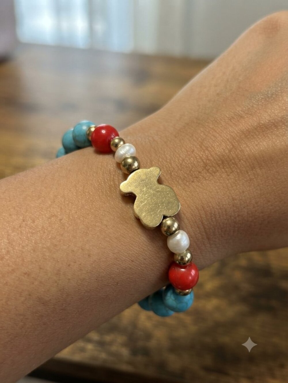 TOUS Beaded Bear Bracelet - Turquoise, Red & Gold Tone - Iconic Teddy Bear Charm